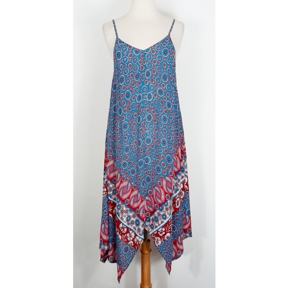 Francesca's Collections Blue and Red Asymmetrical Slip Dress